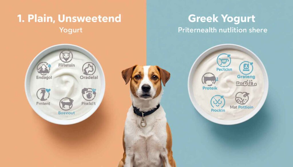 Infographic comparing plain unsweetened yogurt and Greek yogurt as dog-friendly options