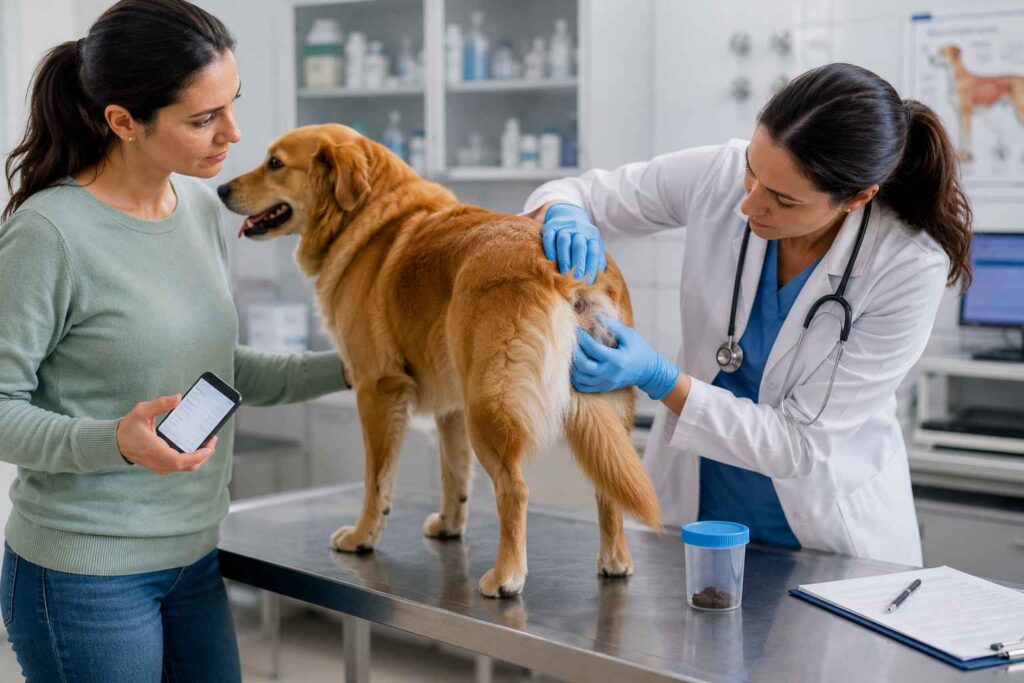 Veterinarian examining a dog for possible causes of recurring scooting