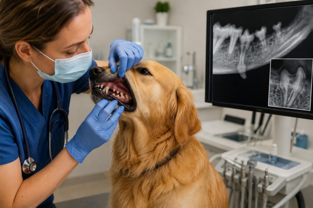 Veterinarian examining a dog's mouth with dental X-ray imaging showing tooth roots beneath the gums