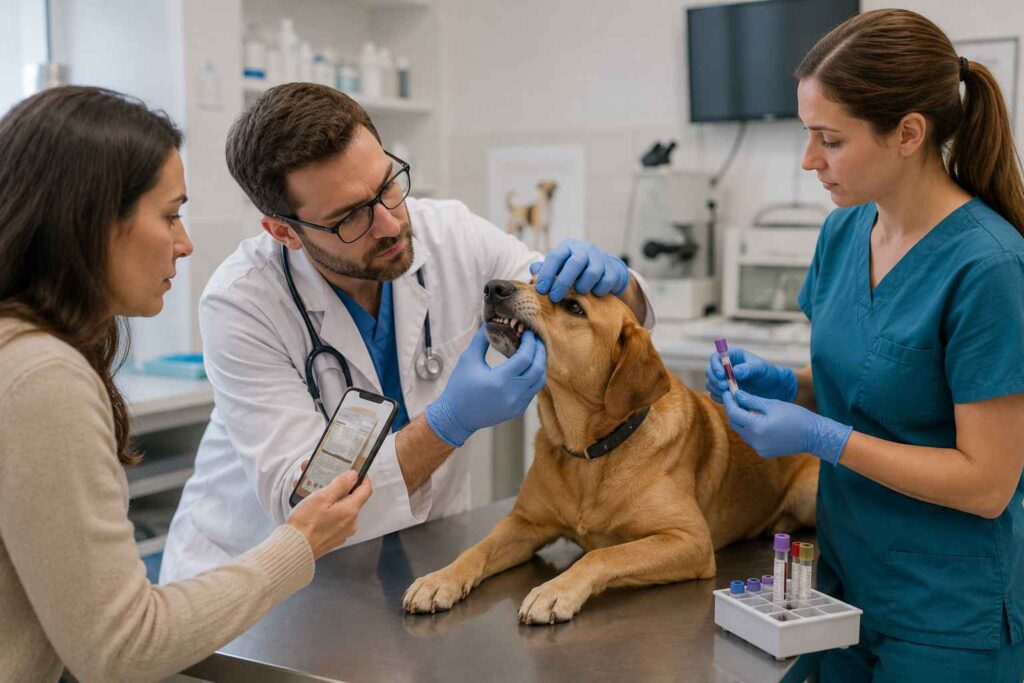 Veterinarian checking a dog's gums while preparing to evaluate possible garlic poisoning.