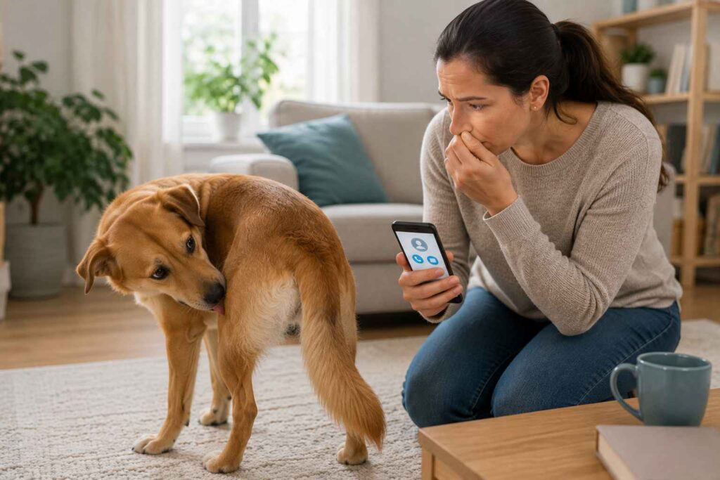 Dog owner checking a dog after noticing scooting and an unusual fishy smell