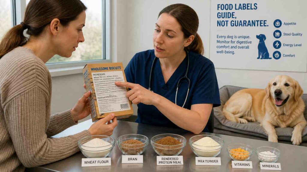 Dog owner reading the ingredient label on a box of dog biscuits with a veterinarian explaining common ingredients.