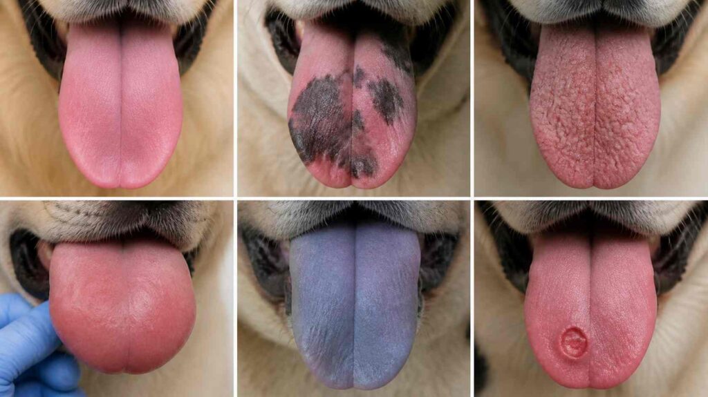 Close-up comparison of healthy pink, naturally pigmented, dry, swollen, pale-blue, and ulcerated dog tongues in a veterinary educational illustration.