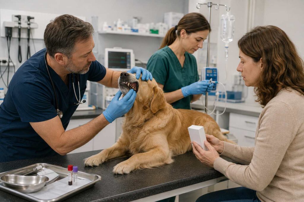 Veterinarian examining a dog and checking its gums after suspected paracetamol exposure