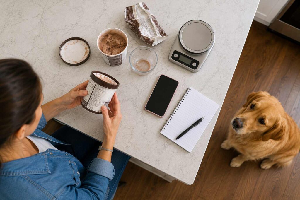 Dog owner gathers ice cream packaging, ingredient information, phone, and notes after their dog accidentally eats ice cream.