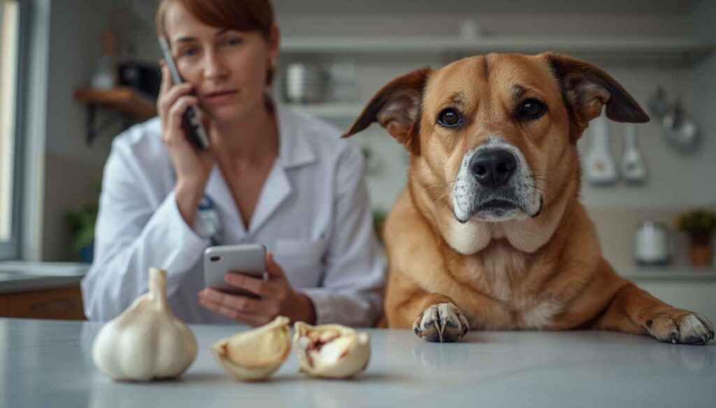 Concerned dog owner contacting a veterinarian after a dog eats garlic