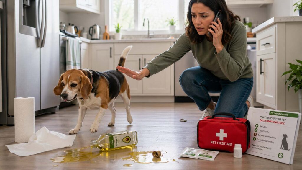 Dog owner calling a veterinarian after a Beagle accidentally spilled avocado oil in the kitchen while keeping the dog safely away.