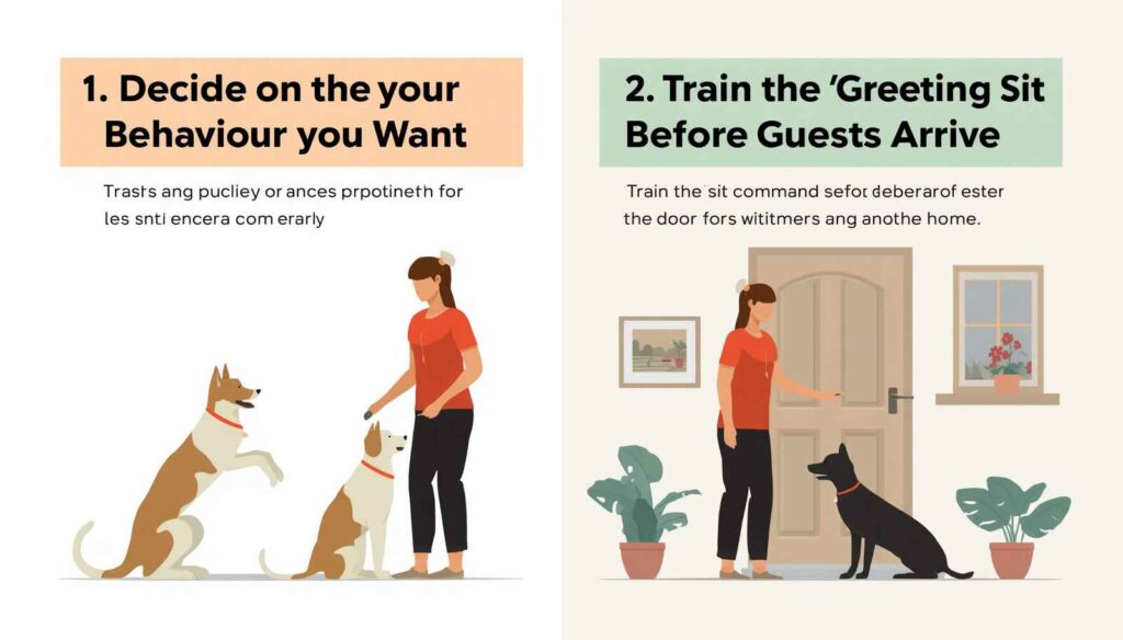Dog practicing a polite greeting sit while receiving praise and rewards before guests arrive