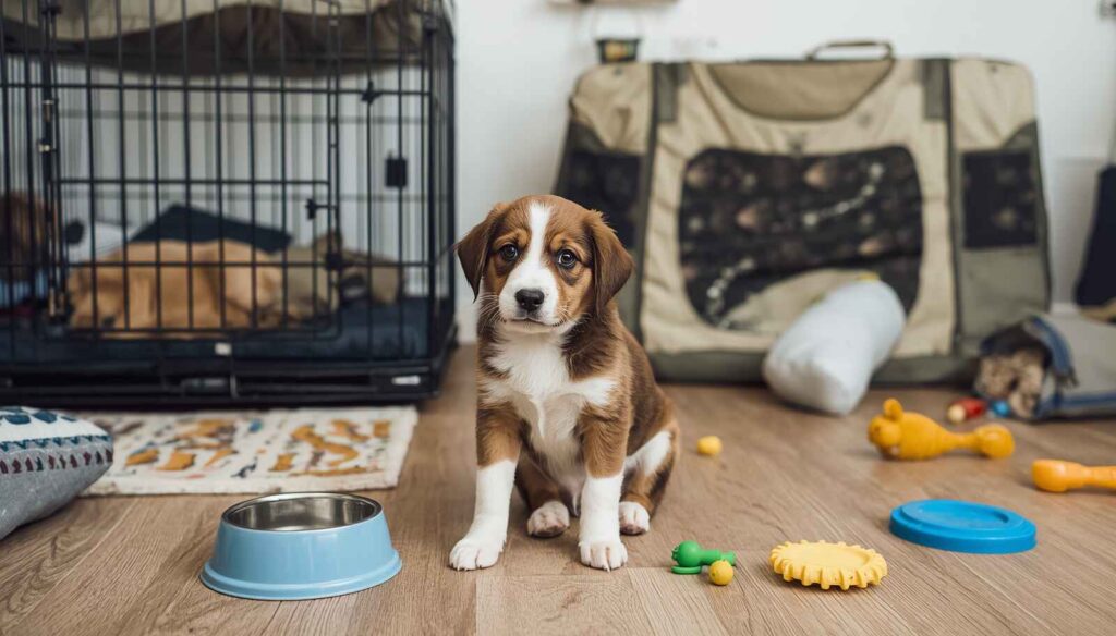 Puppy resting safely in a playpen with toys water and potty training supplies while owner leaves for work