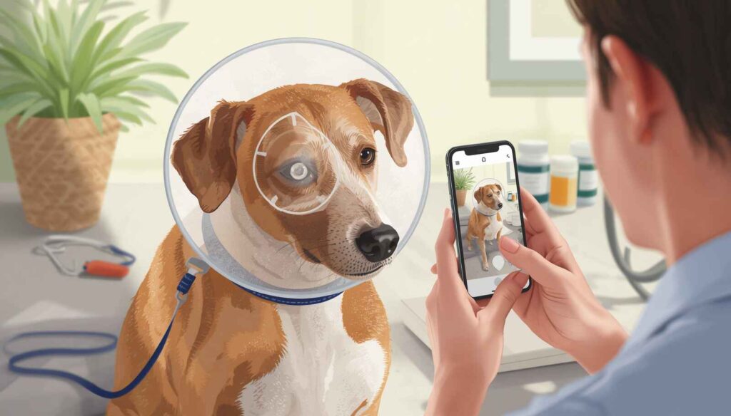 Dog owner preventing eye rubbing and preparing a dog with a cloudy eye for veterinary care