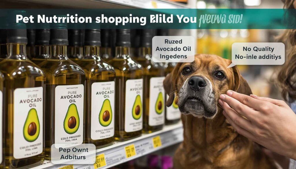 Dog owner selecting a high-quality bottle of avocado oil with product label information visible