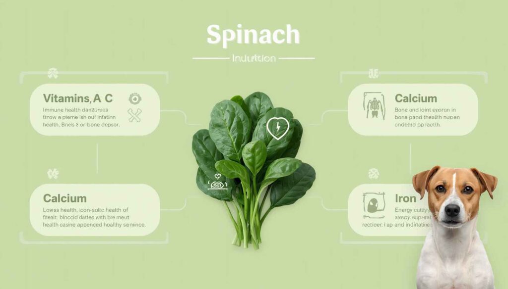 Spinach nutrition infographic showing vitamins A C K calcium and iron for dogs