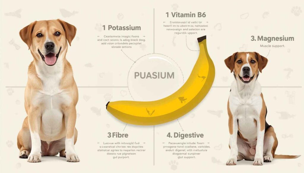 Banana nutrition infographic showing potassium vitamin B6 magnesium and fibre benefits for dogs