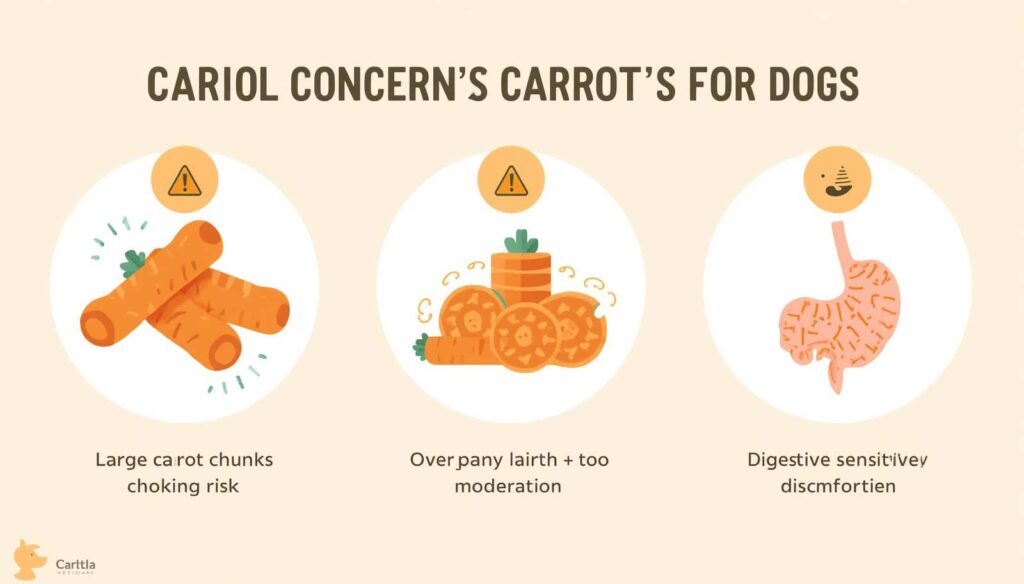 Educational image showing choking hazards and overfeeding risks associated with carrots for dogs