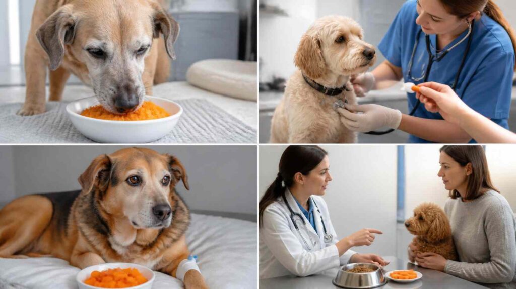Veterinarian advising dog owners about feeding carrots to dogs with diabetes, pancreatitis, and dental disease.