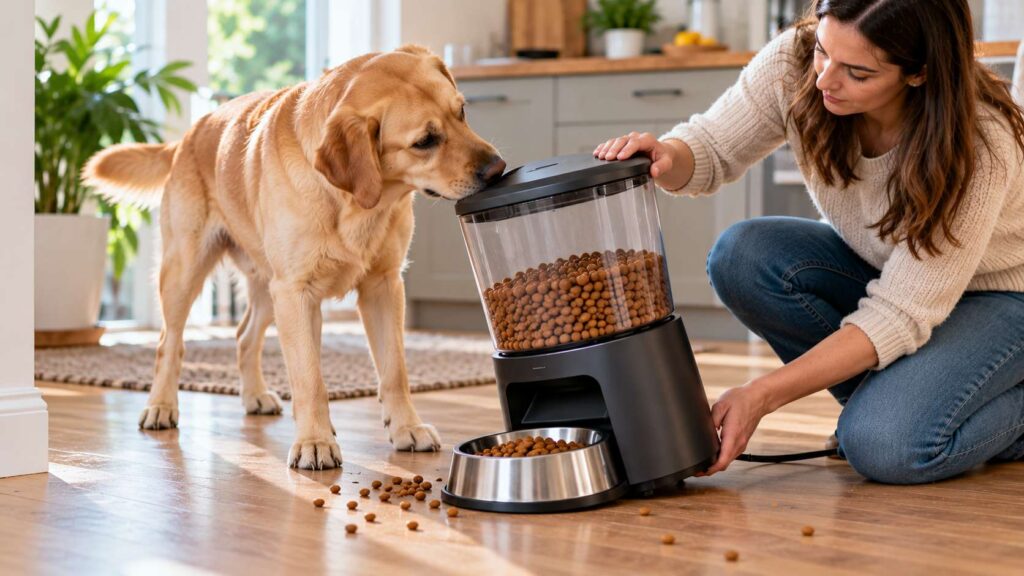 Labrador investigating a tilted automatic dog feeder with spilled kibble as its owner checks the device.