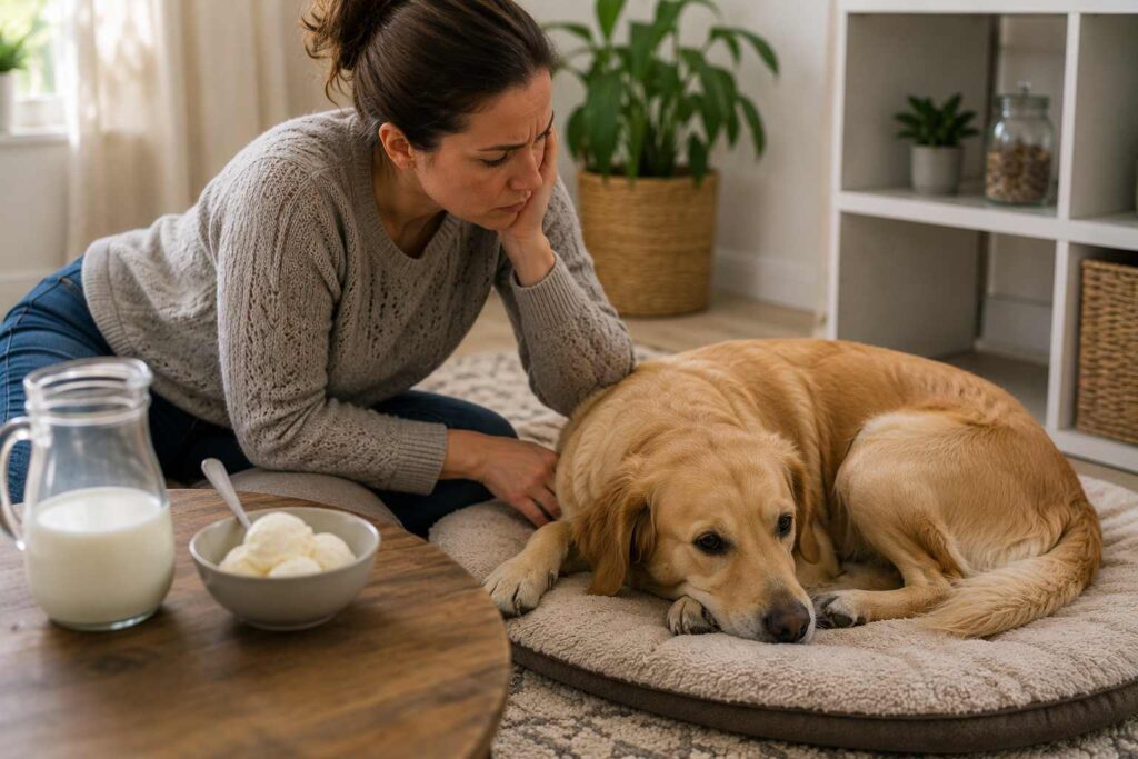 Dog resting beside its concerned owner after experiencing mild digestive discomfort from a dairy-based food.