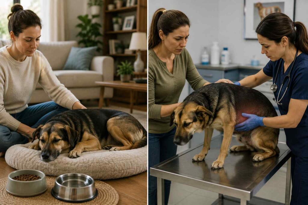 Veterinarian examining a dog with concerning digestive symptoms while the owner explains what the dog recently ate.