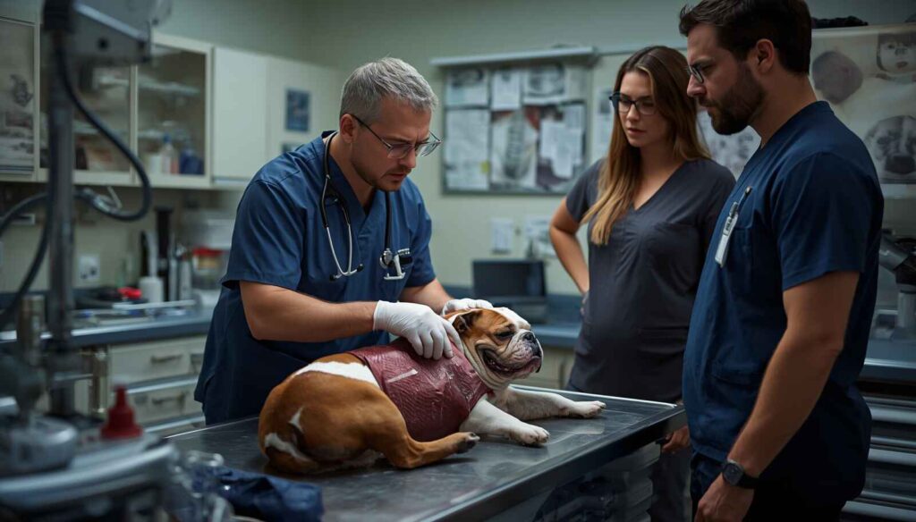 Veterinarian examining a pregnant dog experiencing labour complications in an emergency clinic