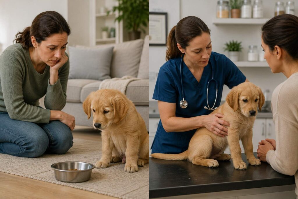 Veterinarian examining a puppy with appetite or growth concerns while the owner discusses its feeding