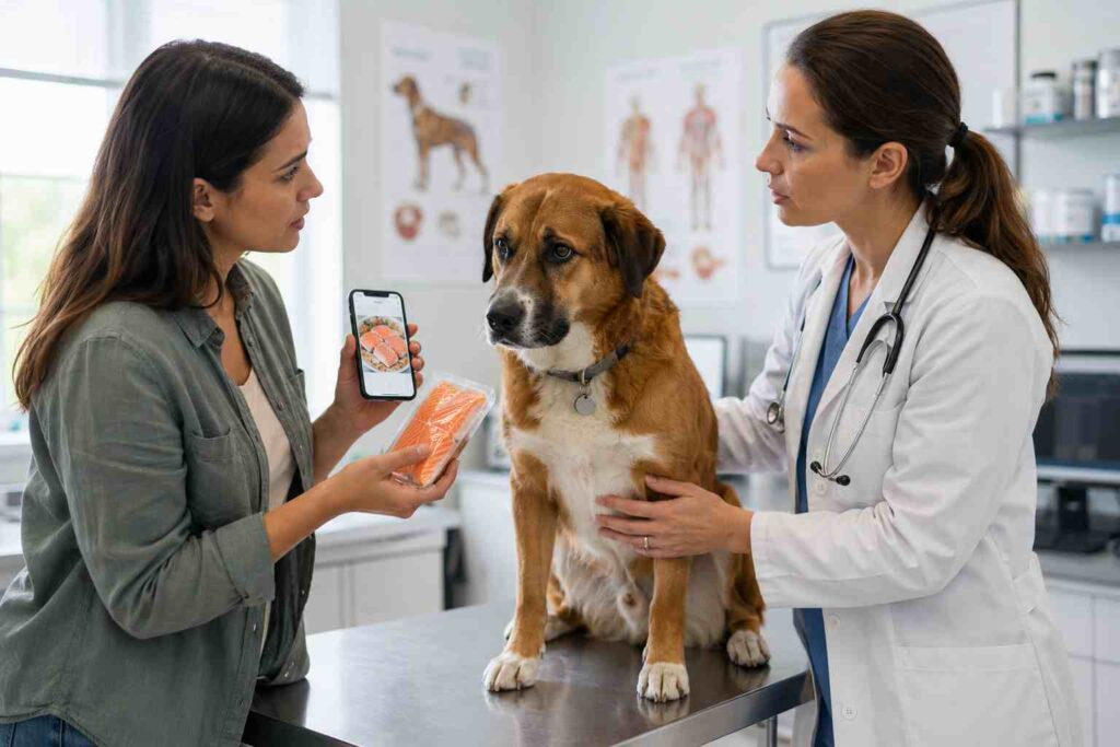 Veterinarian speaking with a dog owner about possible unsafe salmon exposure while examining the dog
