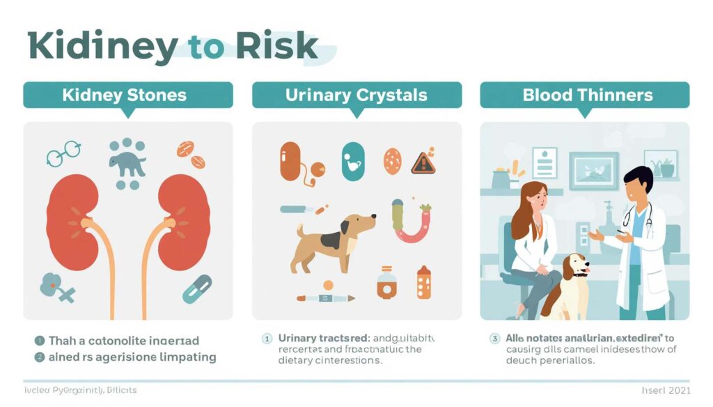Veterinary infographic showing kidney stones urinary crystals and blood thinner concerns related to spinach for dogs