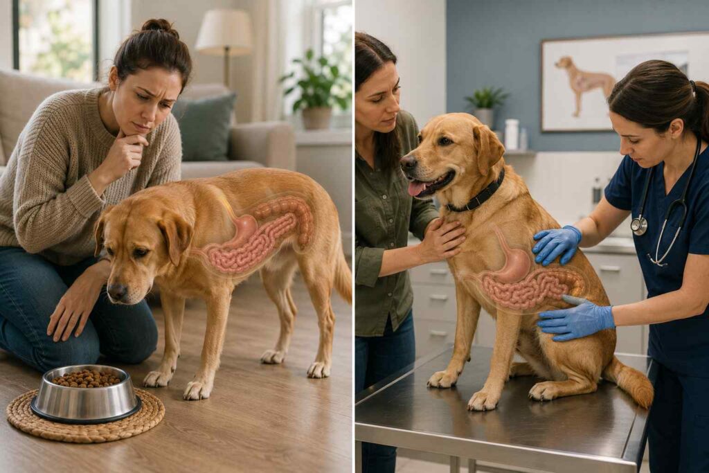 Veterinarian examining a dog's abdomen while the owner discusses changes in eating, bowel movements, and digestive comfort.