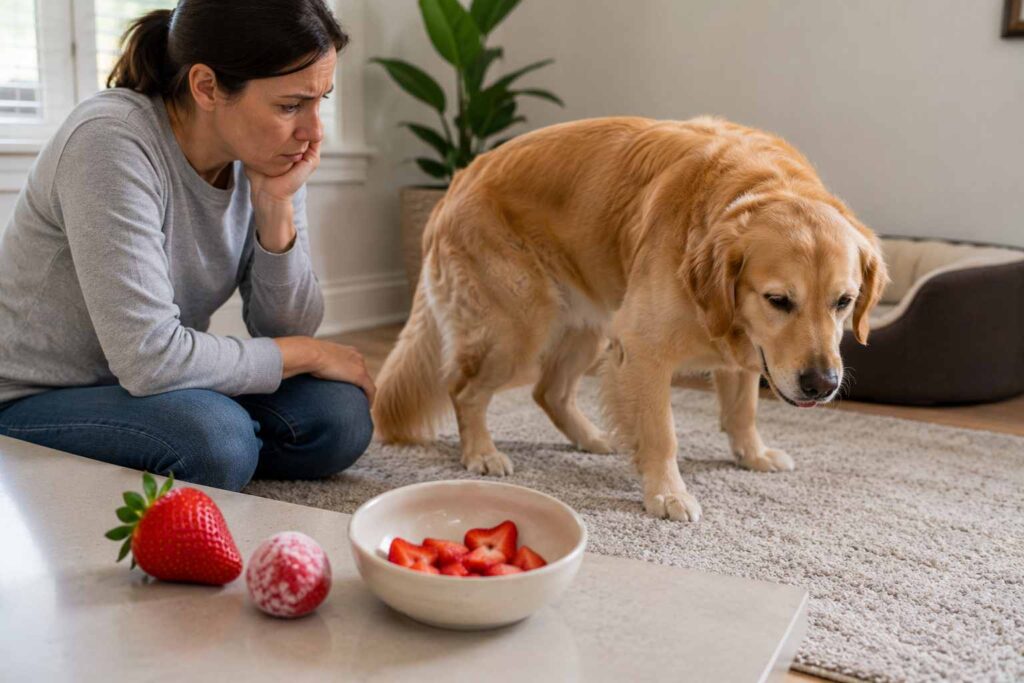 Dog showing mild discomfort after eating too many strawberries