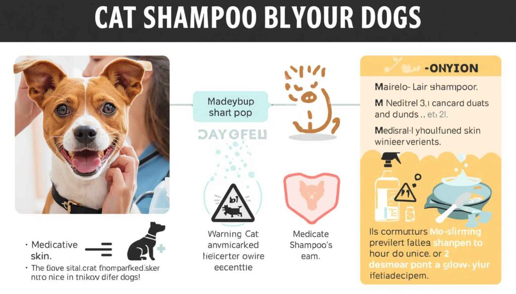 Veterinary warning infographic showing situations where cat shampoo may be unsafe for dogs