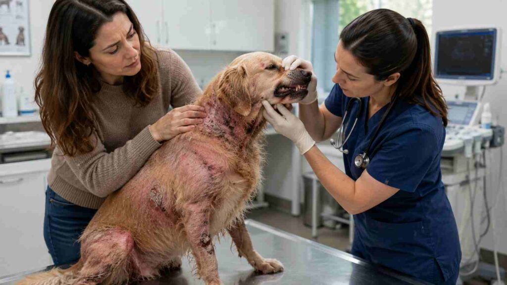 Veterinarian examining a dog with irritated skin, patchy hair loss, and signs of persistent scratching.