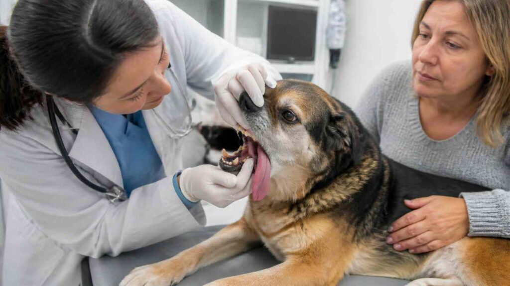 Veterinarian examining an older dog with a tongue that remains outside the mouth while checking teeth, gums, and tongue movement.