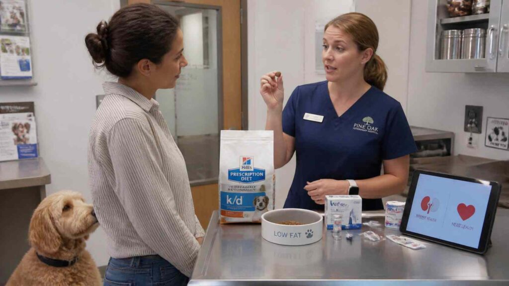 Veterinarian discussing whether Milk-Bone treats are suitable for a dog with a medical condition.