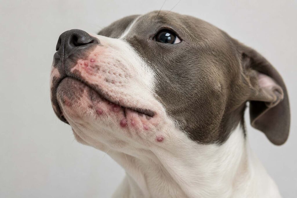 Young short-haired dog with several mild red acne-like bumps clustered around the chin and lower muzzle.