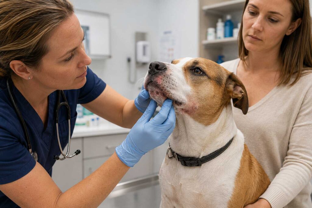 Veterinarian examining inflamed, mildly crusted bumps around a dog’s chin and muzzle.