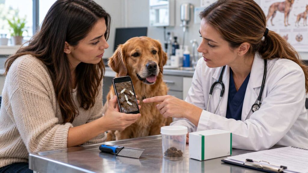 Dog owner showing a veterinarian a smartphone photograph of suspected tapeworm segments during a follow-up visit.