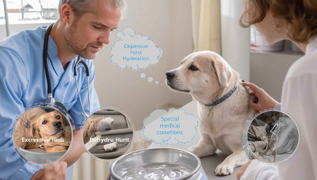 Dog owner discussing hydration concerns and water intake with a veterinarian