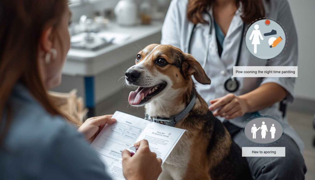 Dog owner discussing persistent nighttime panting symptoms with a veterinarian during a consultation