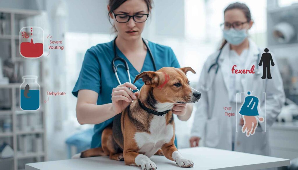 Veterinarian examining a sick dog showing serious digestive symptoms