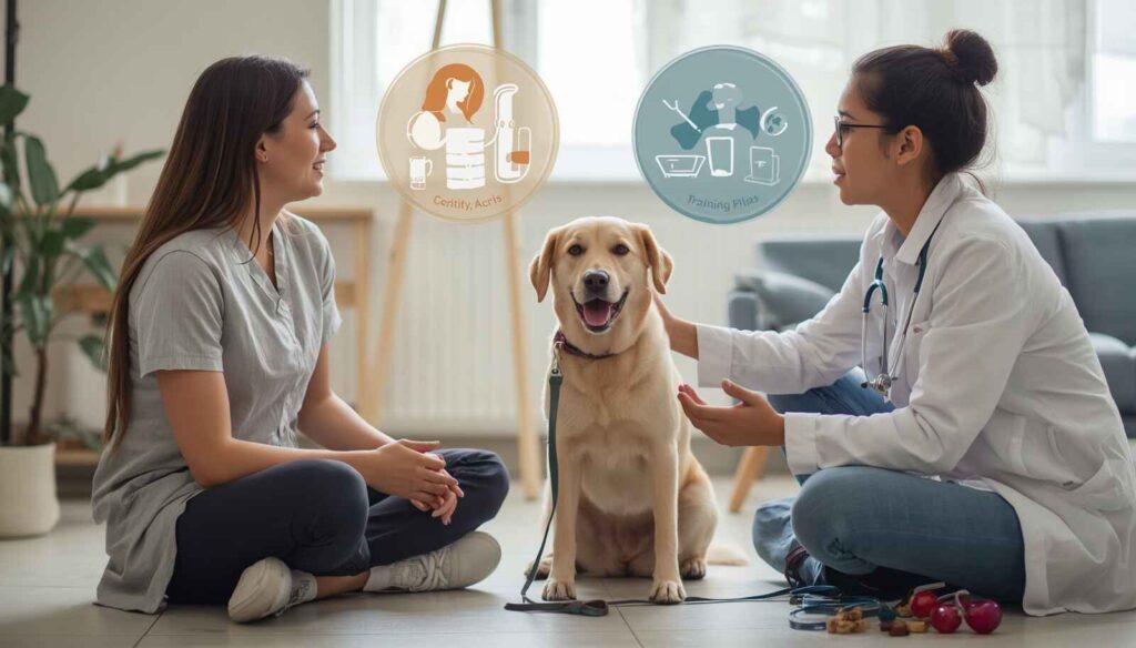 Dog owner consulting a professional trainer about obedience and behavior challenges