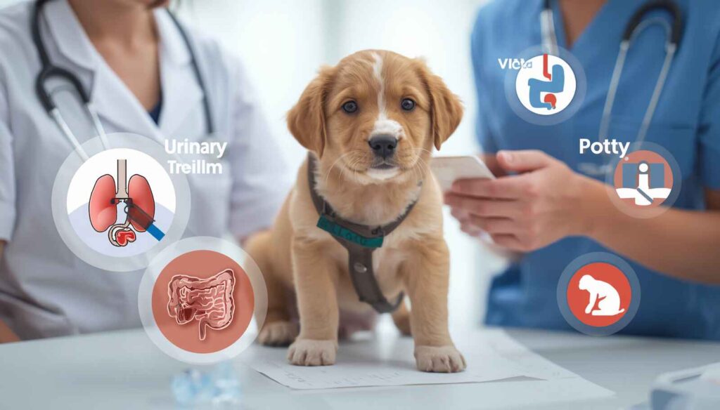 Puppy owner discussing potty training concerns with a veterinarian during a consultation