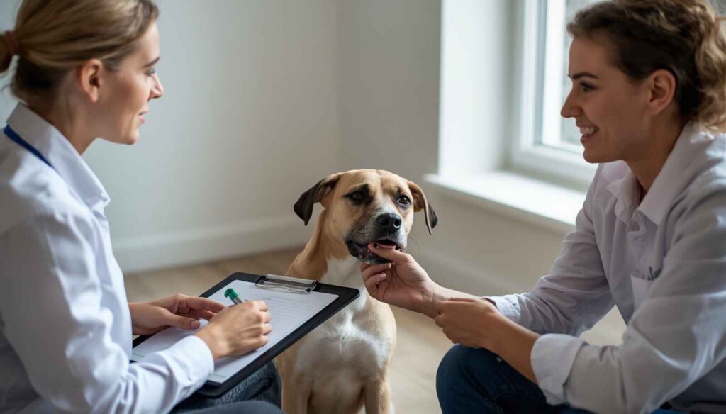 Dog owner consulting a professional trainer about persistent furniture chewing behavior