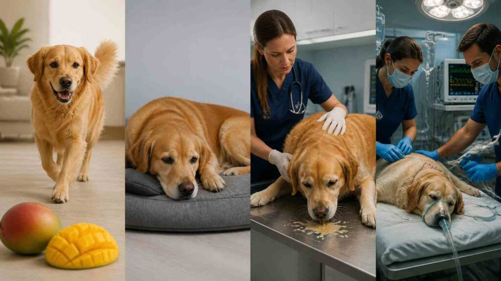 Veterinary care for dogs showing mild to severe symptoms after eating mango.