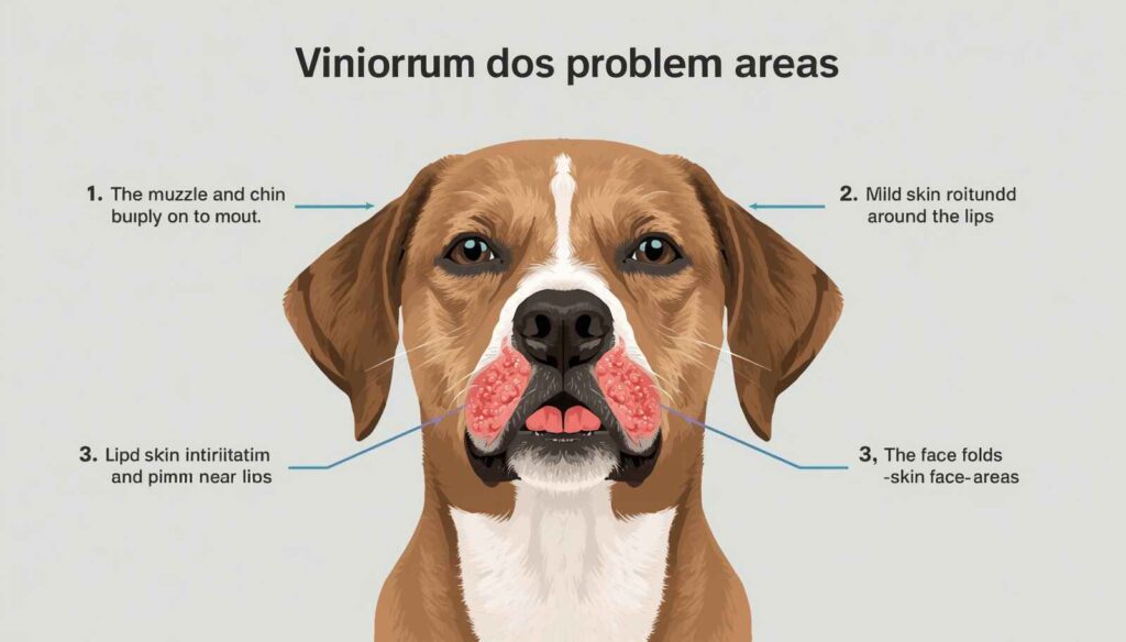 Educational infographic showing pimples on a dog's chin muzzle lips and facial folds