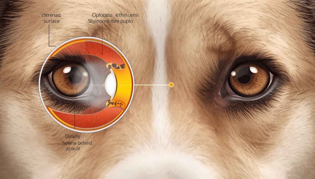 Canine eye illustration showing cloudiness on the cornea, behind the pupil, and inside the eye