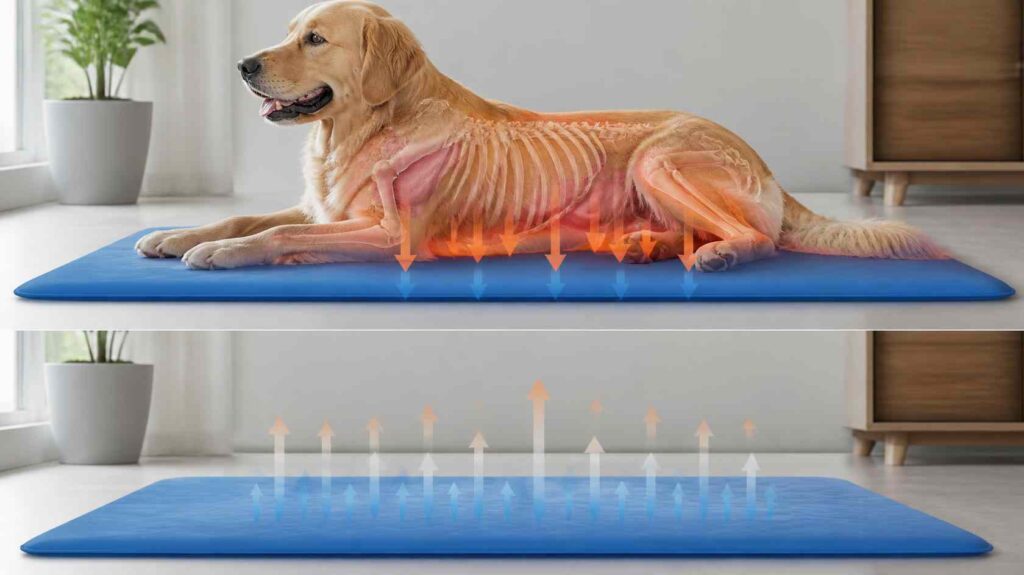 Veterinary illustration showing body heat naturally transferring from a dog's body into a self-cooling mat through direct contact.