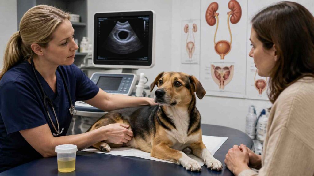 Veterinarian examining a dog with urinary problems using ultrasound and urine testing