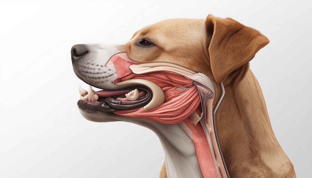 Dog throat anatomy showing the pharynx, larynx, trachea, and oesophagus