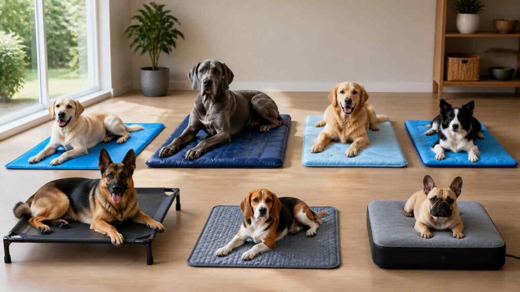 A comparison showing different pet cooling mats, including gel, water-filled, elevated mesh, evaporative, and powered cooling beds, illustrating how does a pet cooling mat work for different dog breeds and cooling needs.
