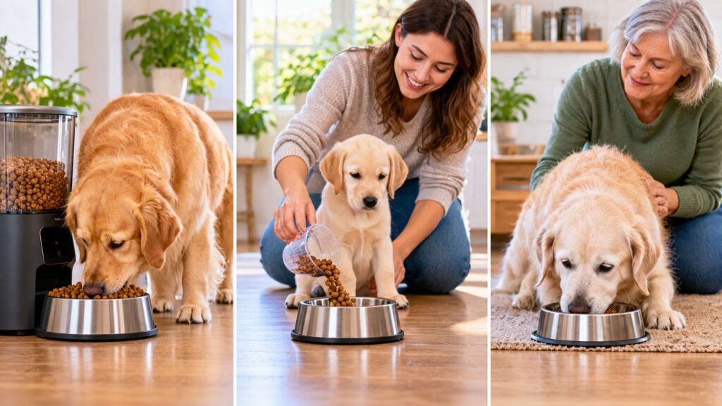 Adult Golden Retriever, Labrador puppy, and senior dog shown with different feeding arrangements.