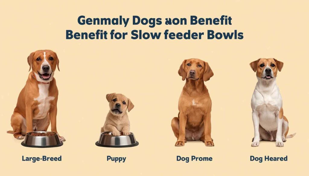 Large breed dog puppy and food-motivated dog shown as ideal candidates for slow feeder bowls